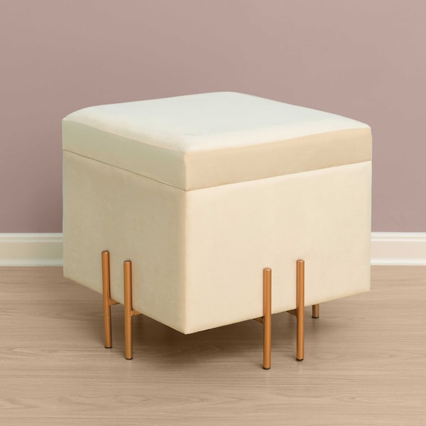 Square Velvet Storage Ottoman With Rose Gold Legs, Ivory